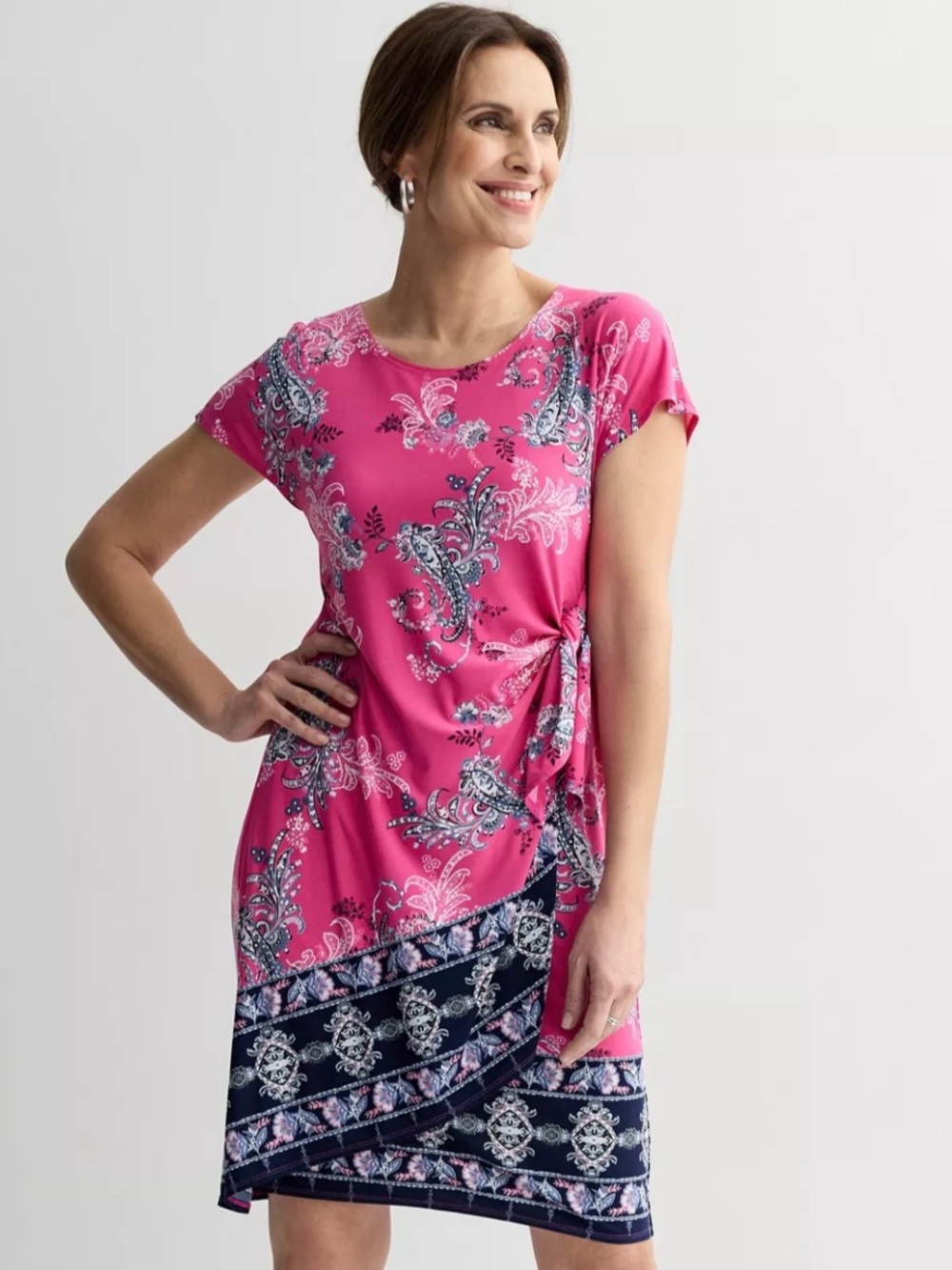 Robbie Bee Pink Paisley Side-Tie Faux wrap Tunic Dress XL
